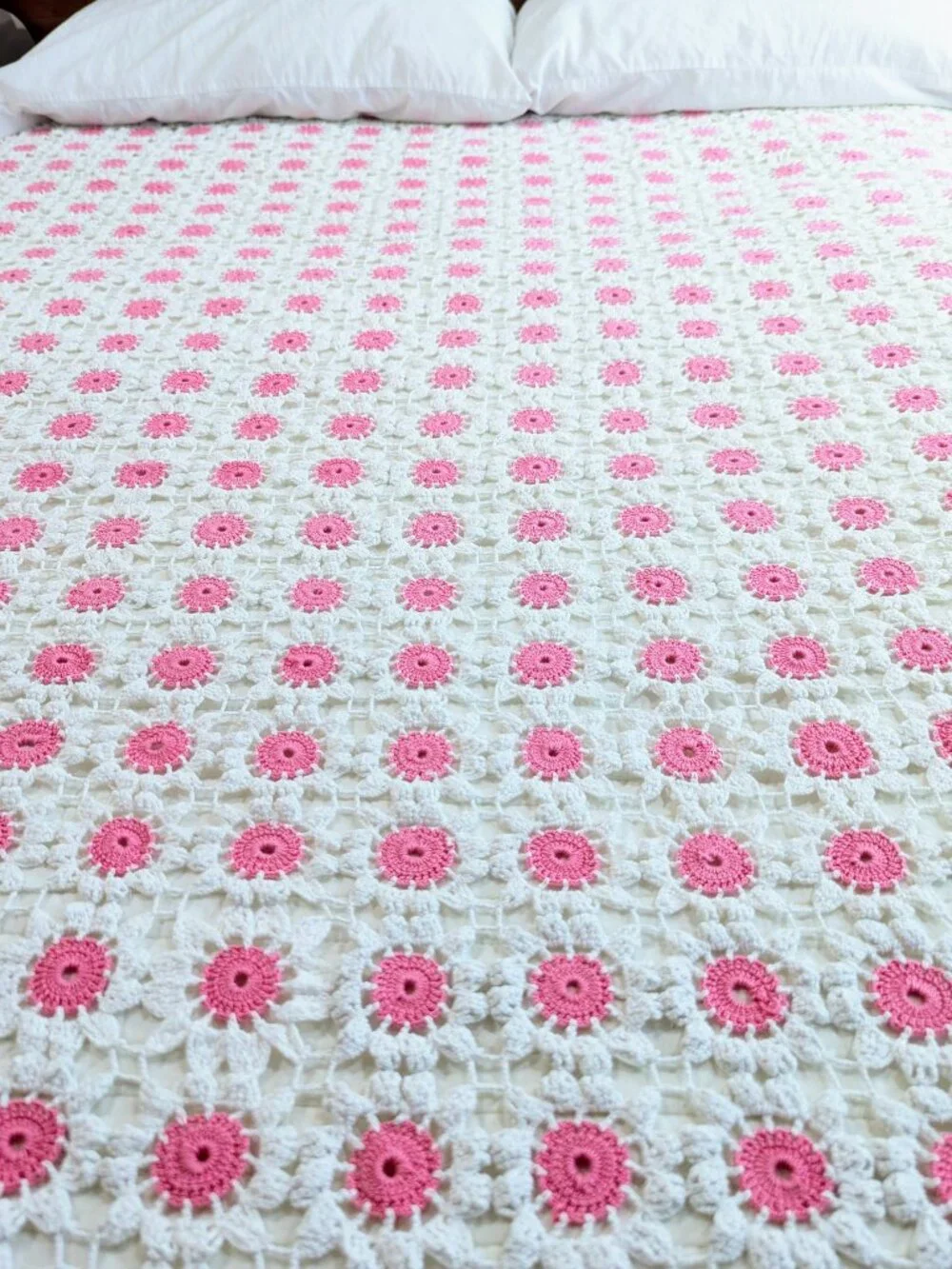Boho Cottagecore Crochet Quilt ~ Bright Pink/White ~ Hand Crocheted Cotton